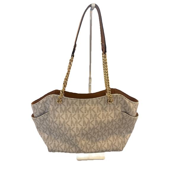 Michael Kors Authentic Signature MK Tote Shoulder Bag Chain Strap Brown/Gold - Picture 4 of 11